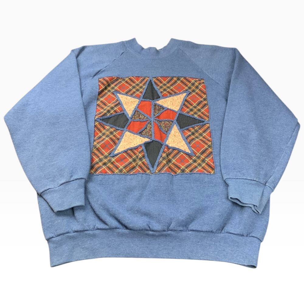 Vintage 90s Fruit of the Loom Sweatshirt M Patchwork Quilt Applique USA Blue